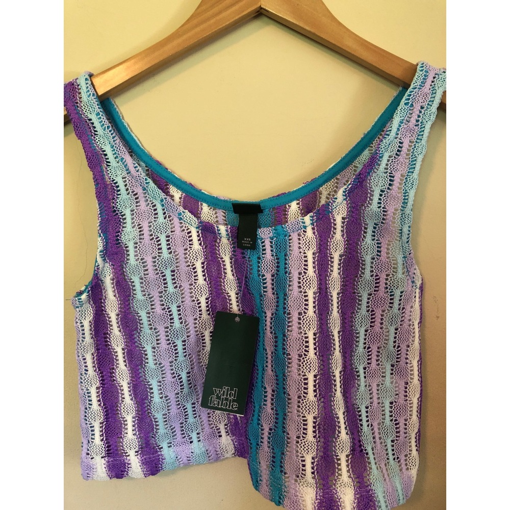 Wild Fable y2k festival boho Teal Striped Crochet Knit Crop Top XXS NWT